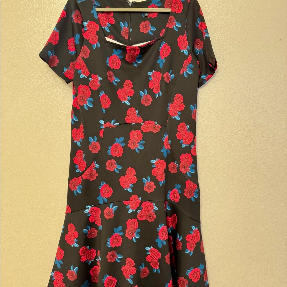 Lane Bryant Black Midi Dress with Red Rose and Blue Leaf Print